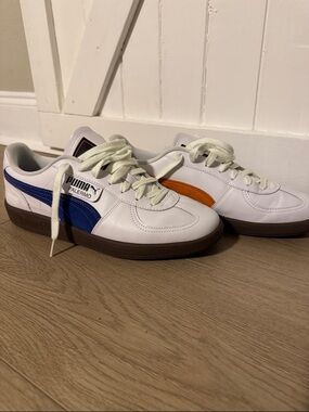 Puma Palermo White Sneakers with Blue and Orange Stripes